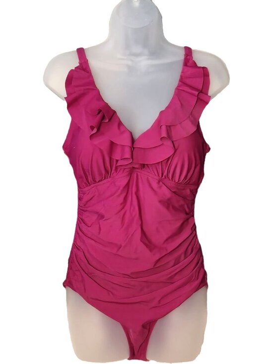 Adisputent Other - One Piece Figure Flattering Swimsuit M Red Fuchsia Ruffled Adjustable Ruched